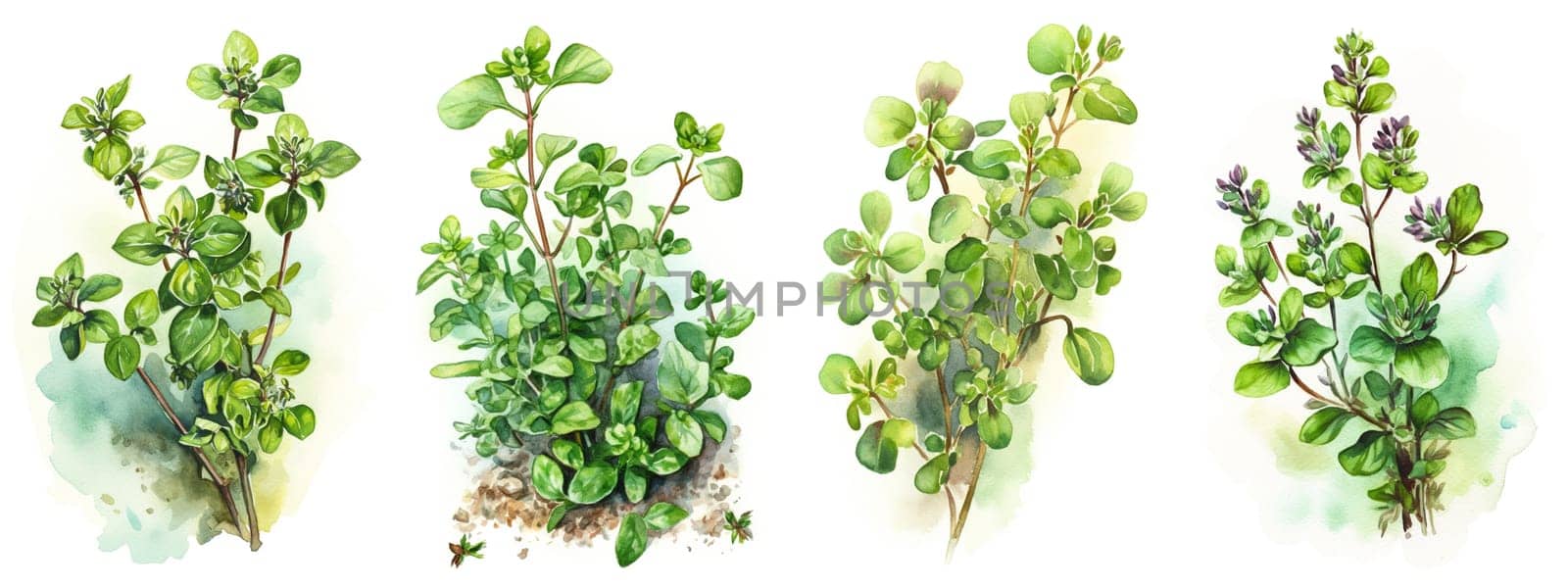 Watercolor set collection with green majoram sprig and leaves isolated on a white background. Healthy food and seasoning concept. AI generated illustration.