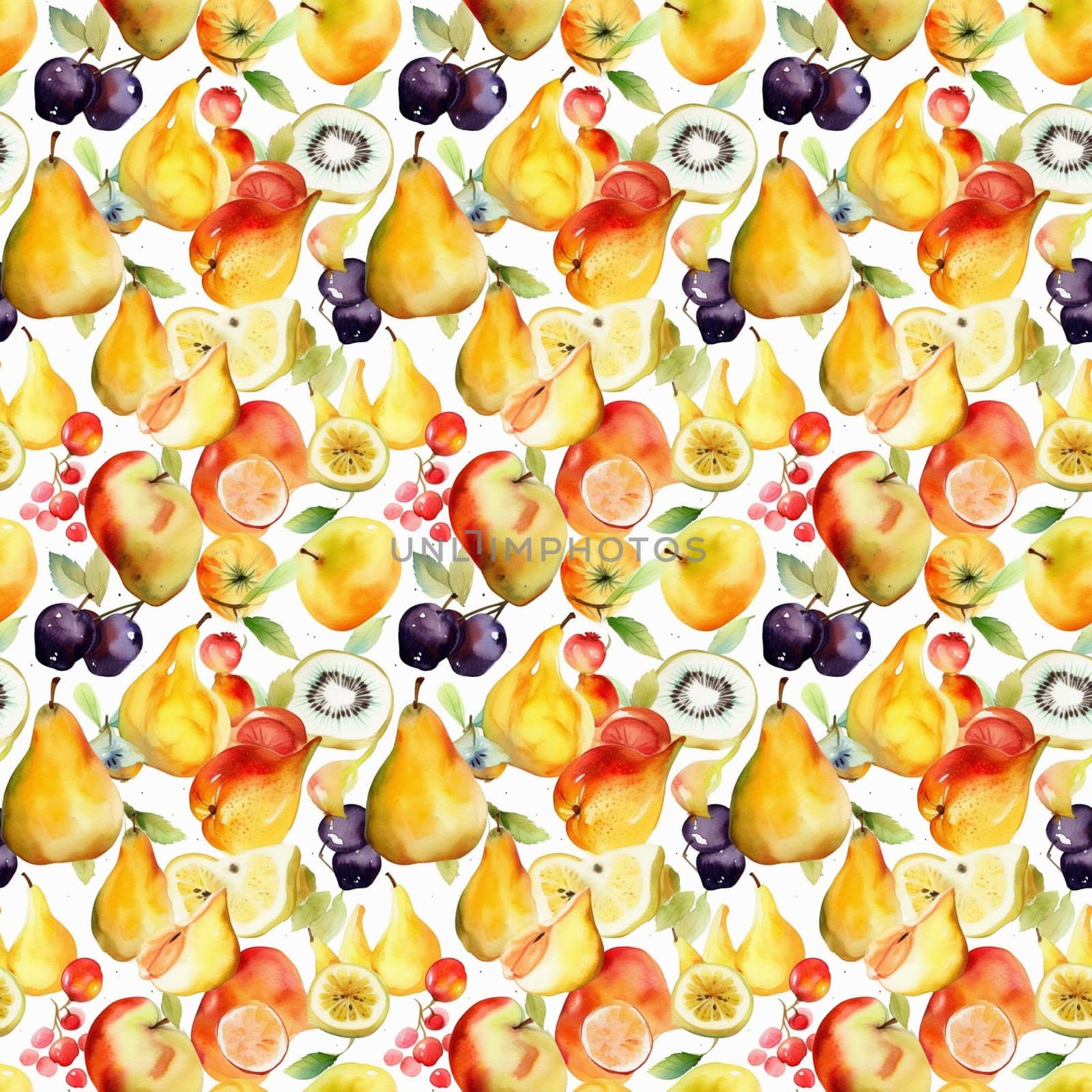 Seamless abstract watercolor pattern with yellow pears on a white background. Pattern for fabric, wrapping paper. Generative AI
