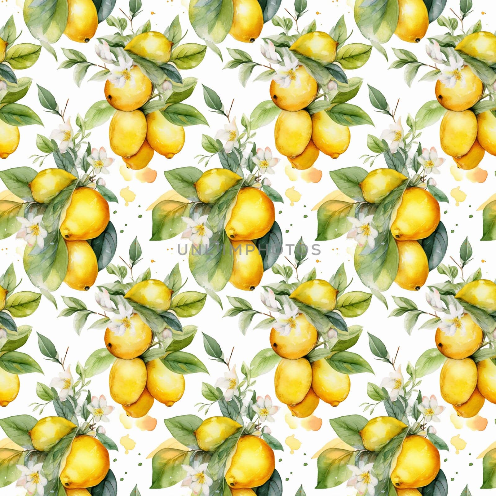 Seamless abstract watercolor pattern with yellow lemons on a white background. Pattern for fabric, wrapping paper. Generative AI