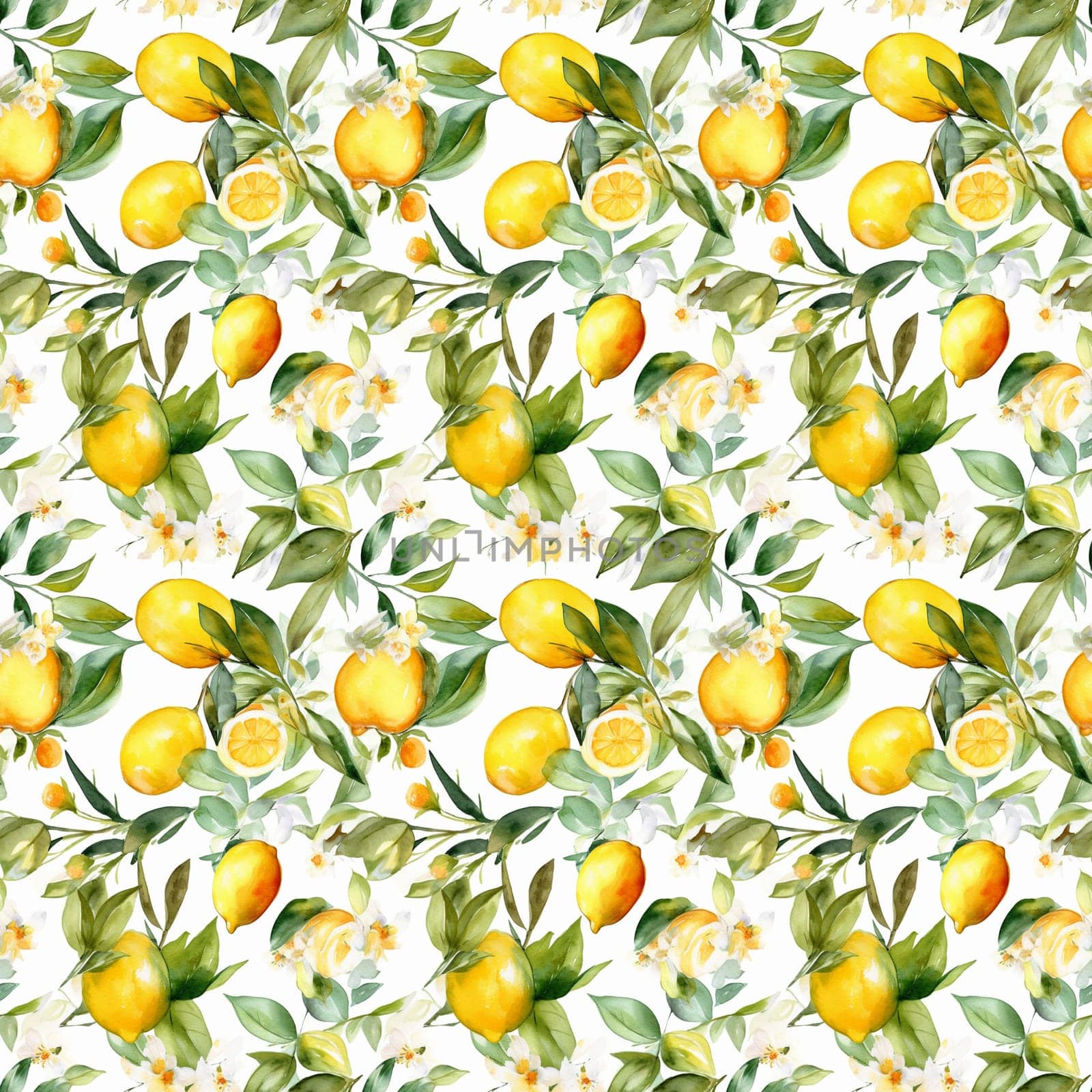 Seamless abstract watercolor pattern with yellow lemons on a white background. Pattern for fabric, wrapping paper. Generative AI