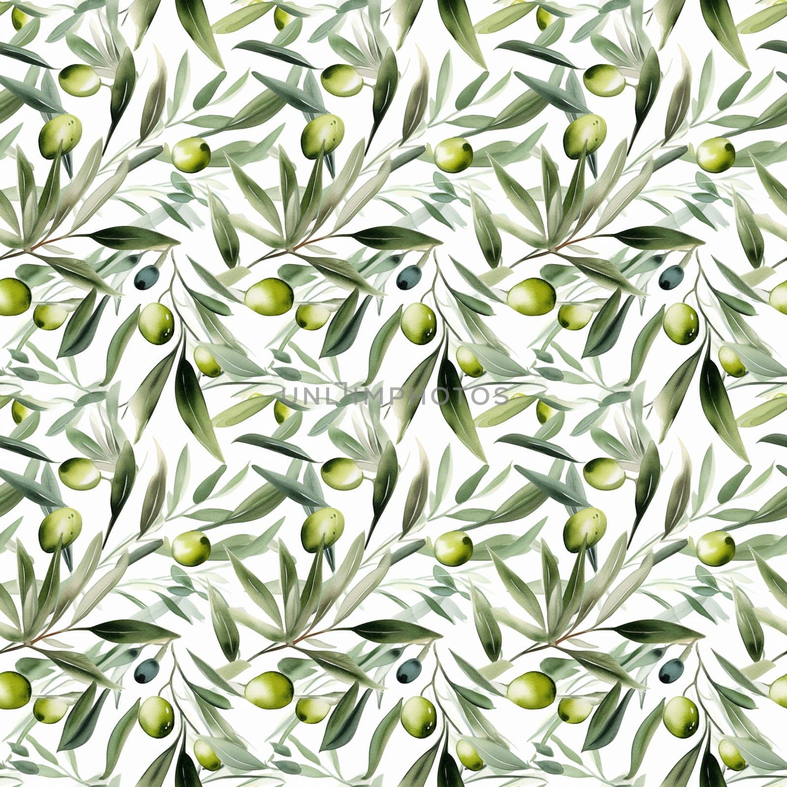 Seamless abstract watercolor pattern with olive sprig on a white background. Pattern for fabric, wrapping paper. Generative AI