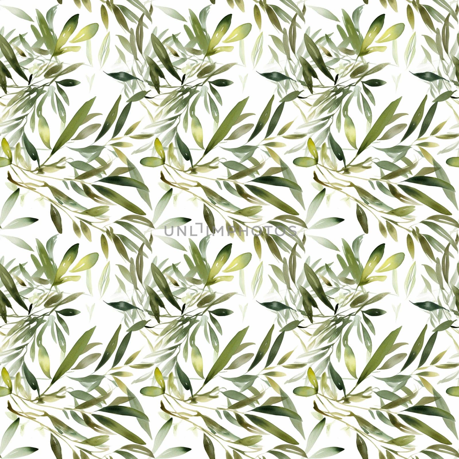 Seamless abstract watercolor pattern with olive sprig on a white background. Pattern for fabric, wrapping paper. Generative AI