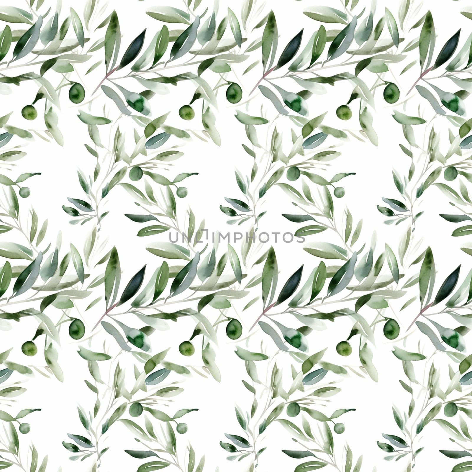 Seamless abstract watercolor pattern with olive sprig on a white background. Pattern for fabric, wrapping paper. Generative AI