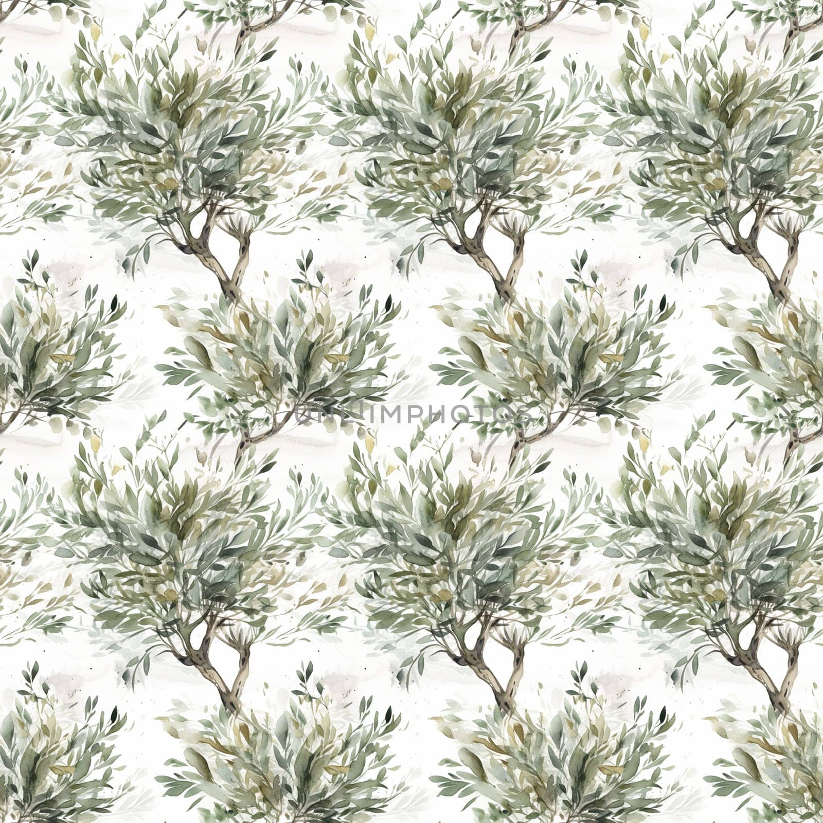 Seamless abstract watercolor pattern with olive tree on a white background. Pattern for fabric, wrapping paper. Generative AI