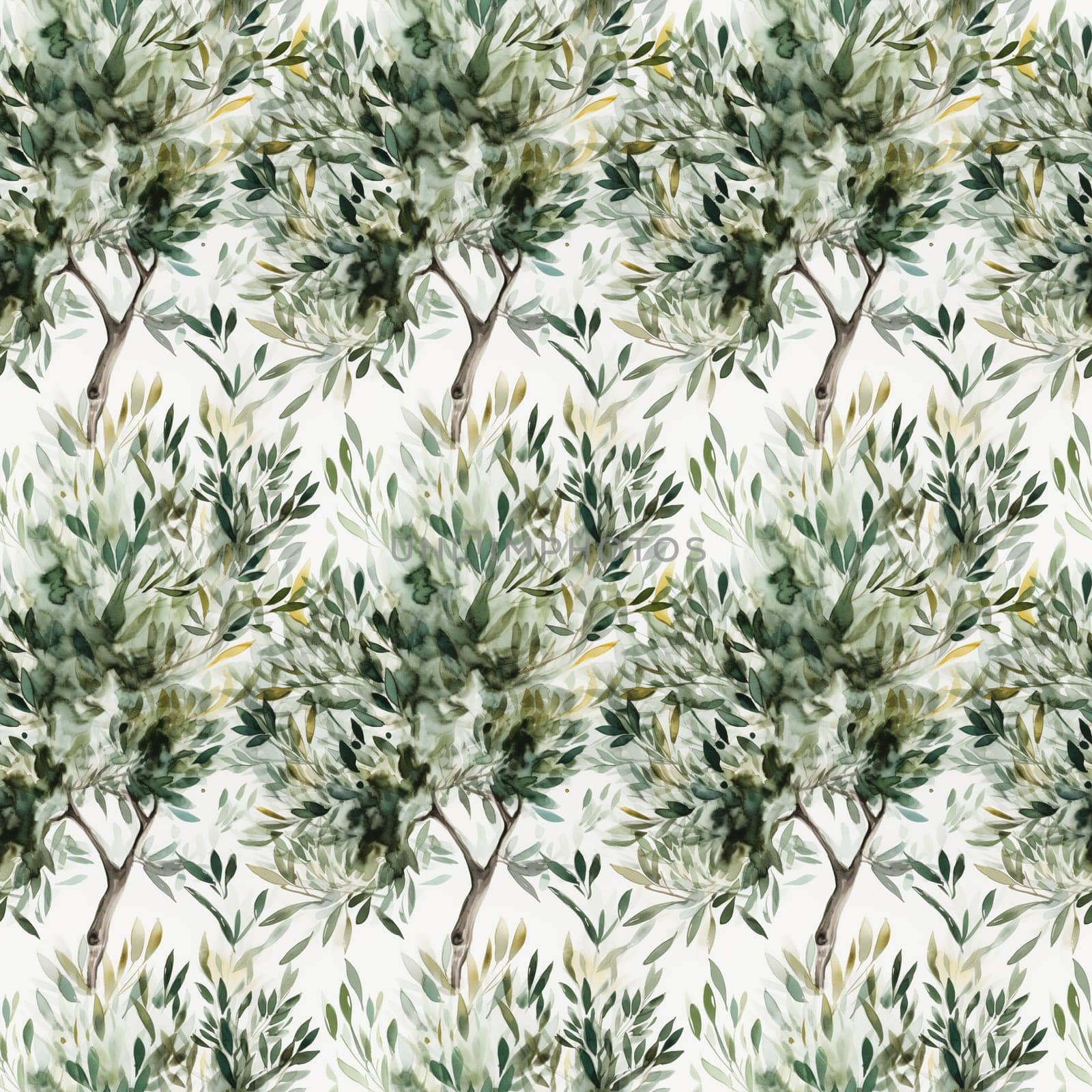 Seamless abstract watercolor pattern with olive tree on a white background. Pattern for fabric, wrapping paper. Generative AI