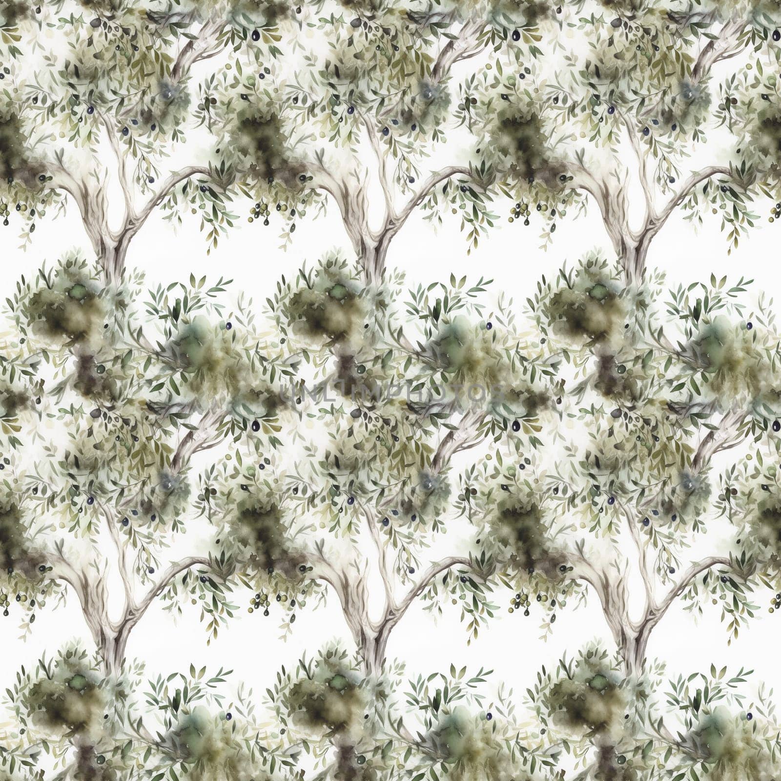 Seamless abstract watercolor pattern with olive tree on a white background. Pattern for fabric, wrapping paper. Generative AI