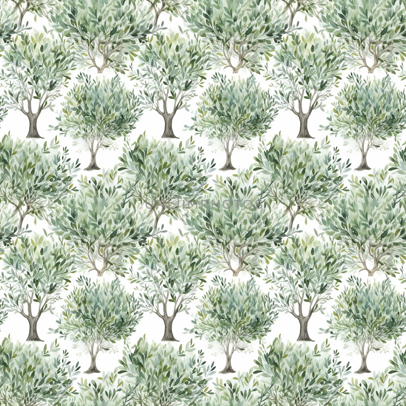Seamless abstract watercolor pattern with olive tree on a white background. Pattern for fabric, wrapping paper. Generative AI