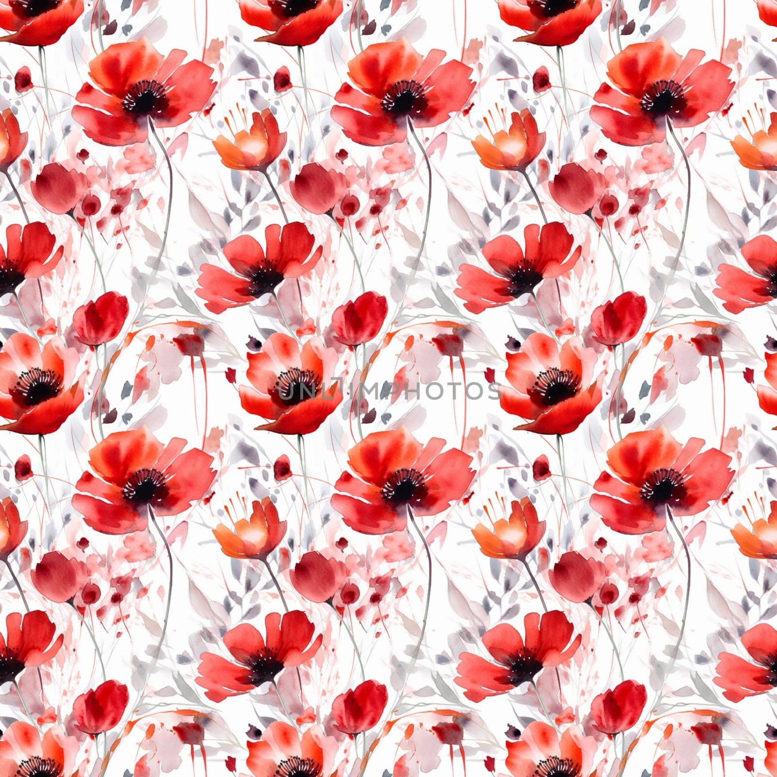 Seamless abstract watercolor pattern with poppy flowers on a white background. Pattern for fabric, wrapping paper. Generative AI