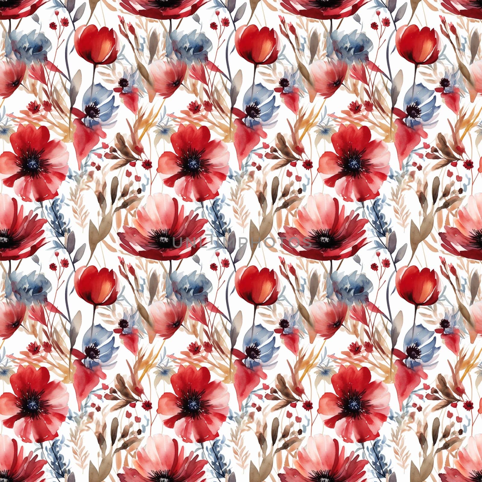 Seamless abstract watercolor pattern with poppy flowers on a white background. Pattern for fabric, wrapping paper. Generative AI