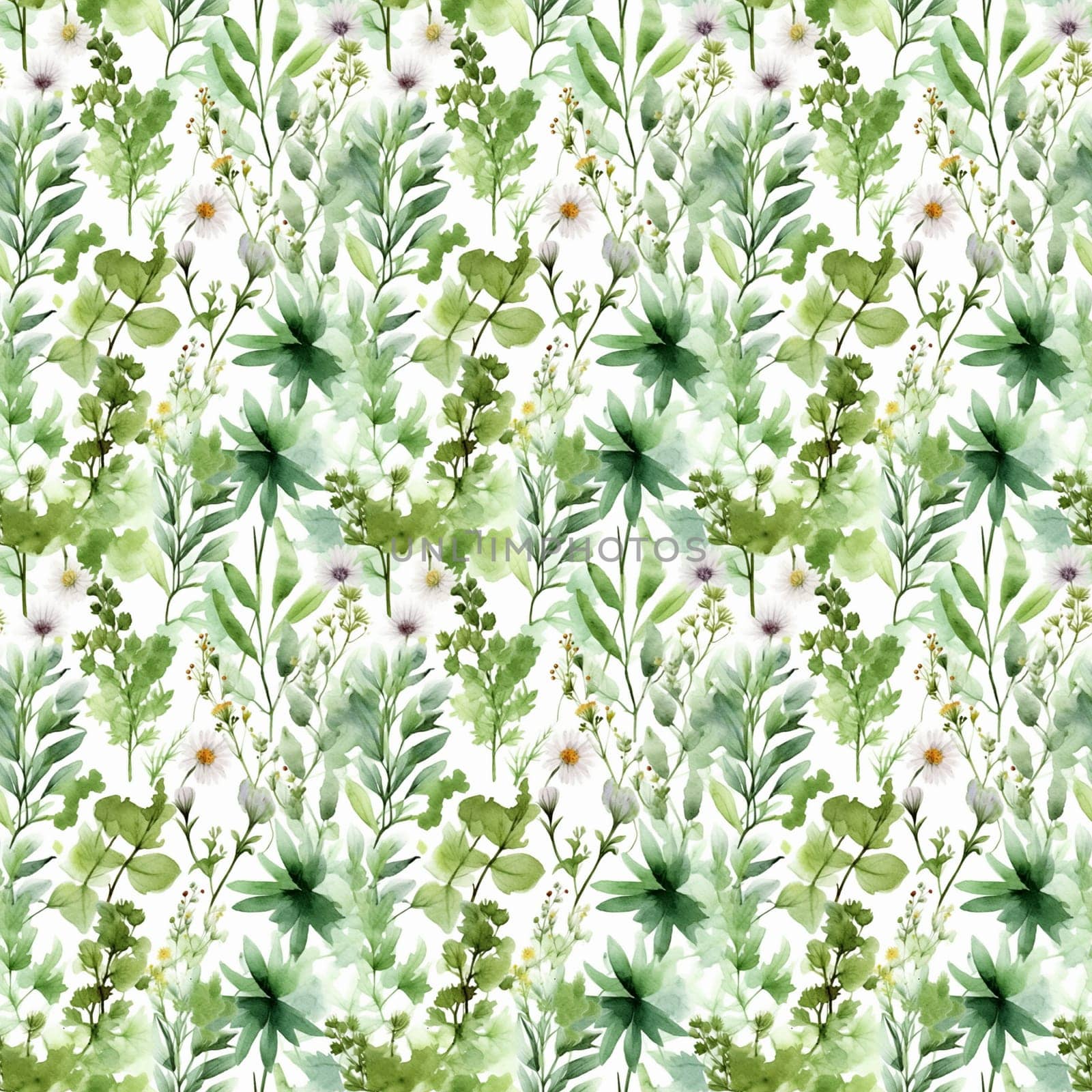 Seamless abstract watercolor pattern with green wildflowers on a white background. Pattern for fabric, wrapping paper. Generative AI