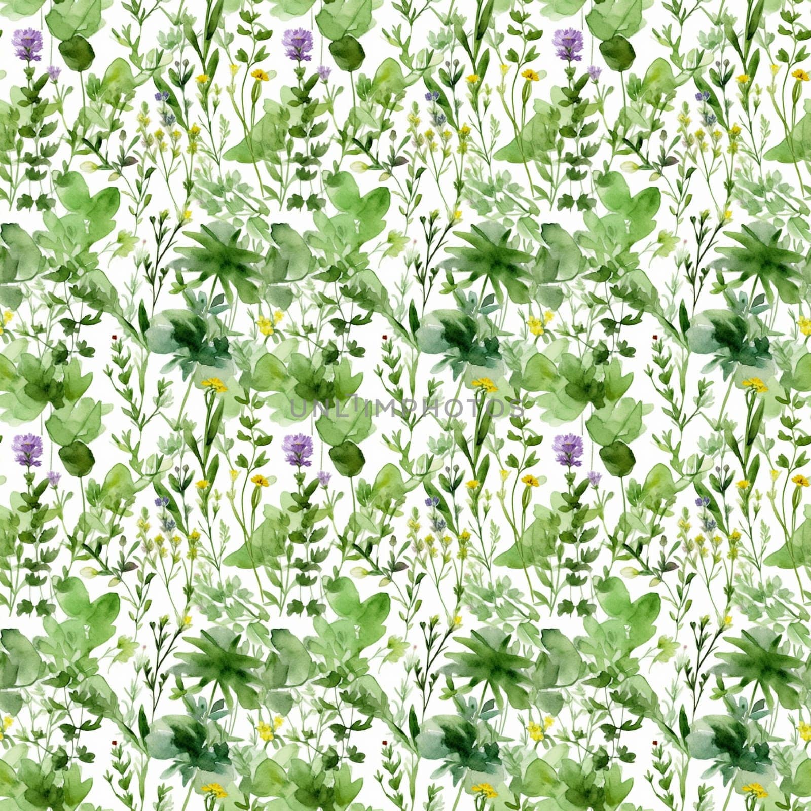 Seamless abstract watercolor pattern with green wildflowers on a white background. Pattern for fabric, wrapping paper. Generative AI