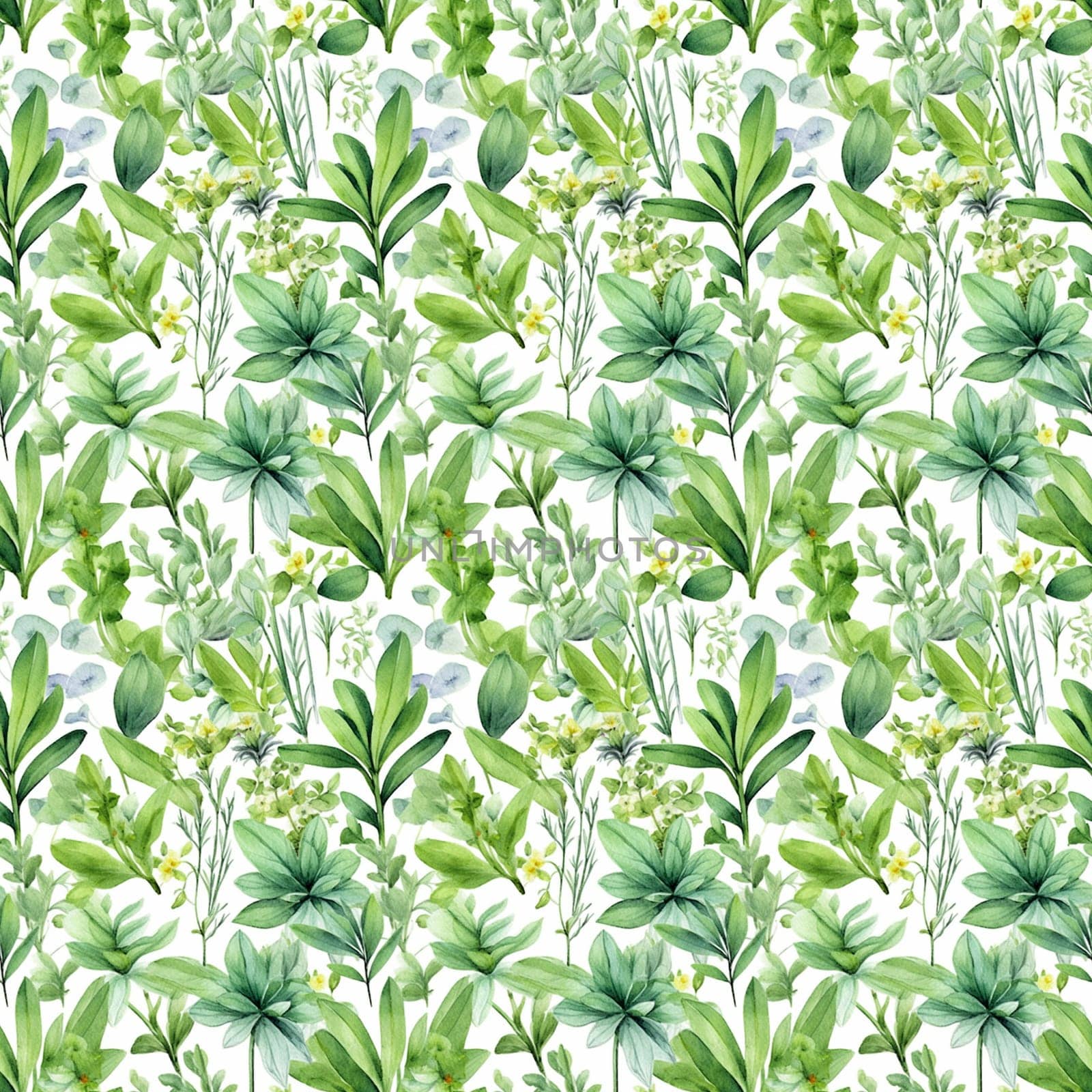 Seamless abstract watercolor pattern with green wildflowers on a white background. Pattern for fabric, wrapping paper. Generative AI