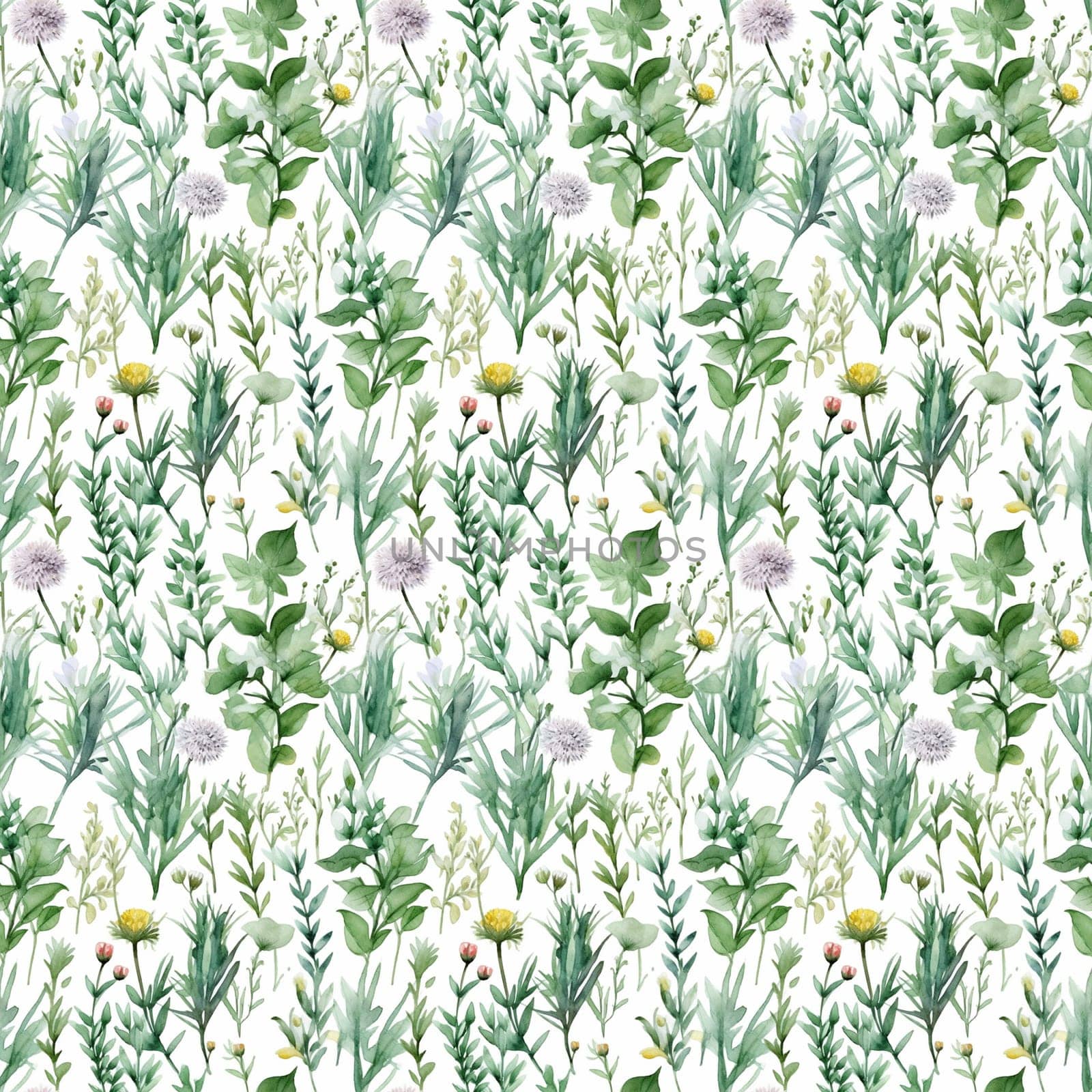 Seamless abstract watercolor pattern with green wildflowers on a white background. Pattern for fabric, wrapping paper. Generative AI