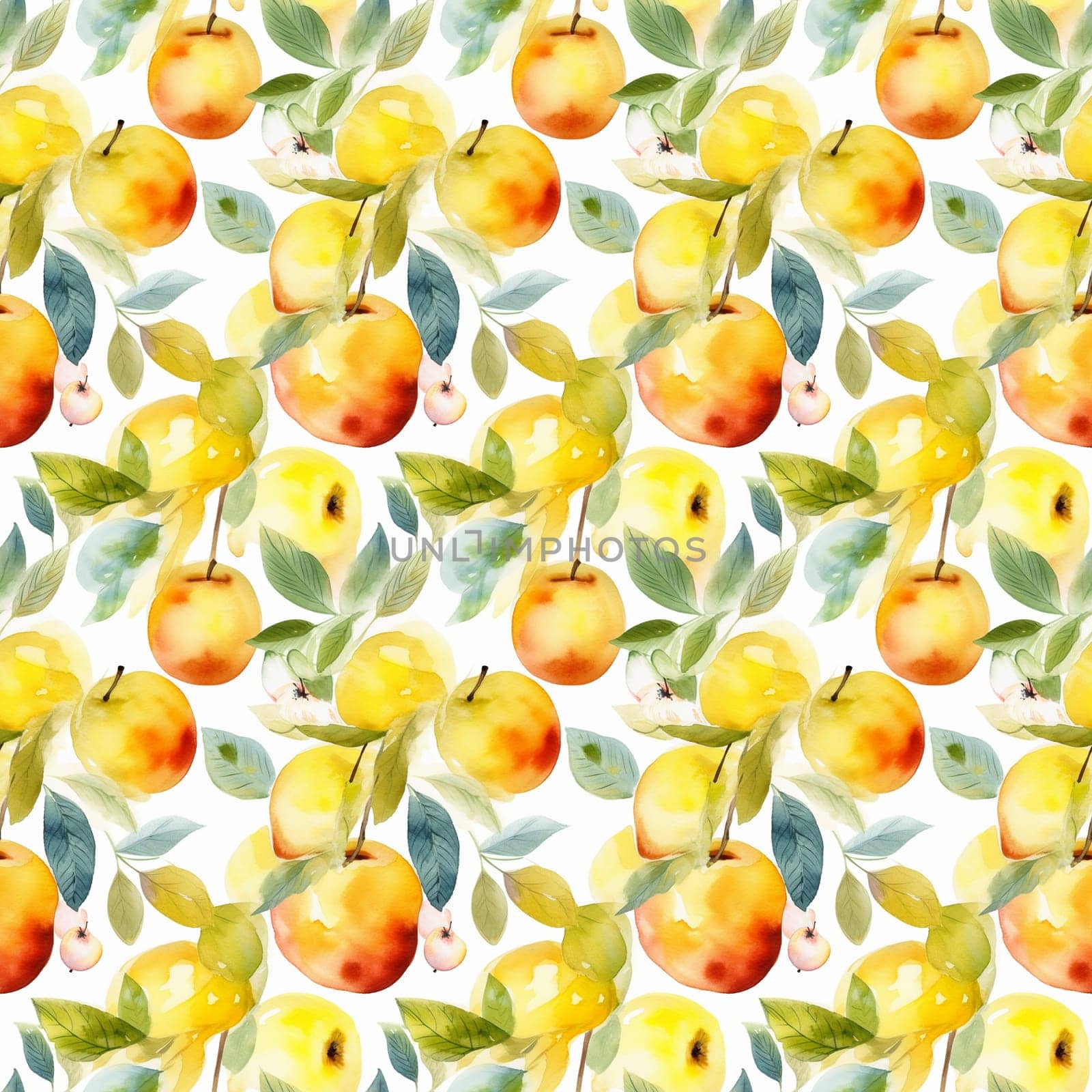 Seamless abstract watercolor pattern with yellow apples on a white background. Pattern for fabric, wrapping paper. Generative AI