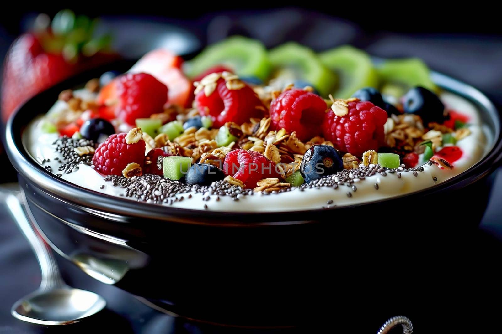 Bowl with Greek yogurt, granola, chia seeds and fresh fruits and berries. by OlgaGubskaya