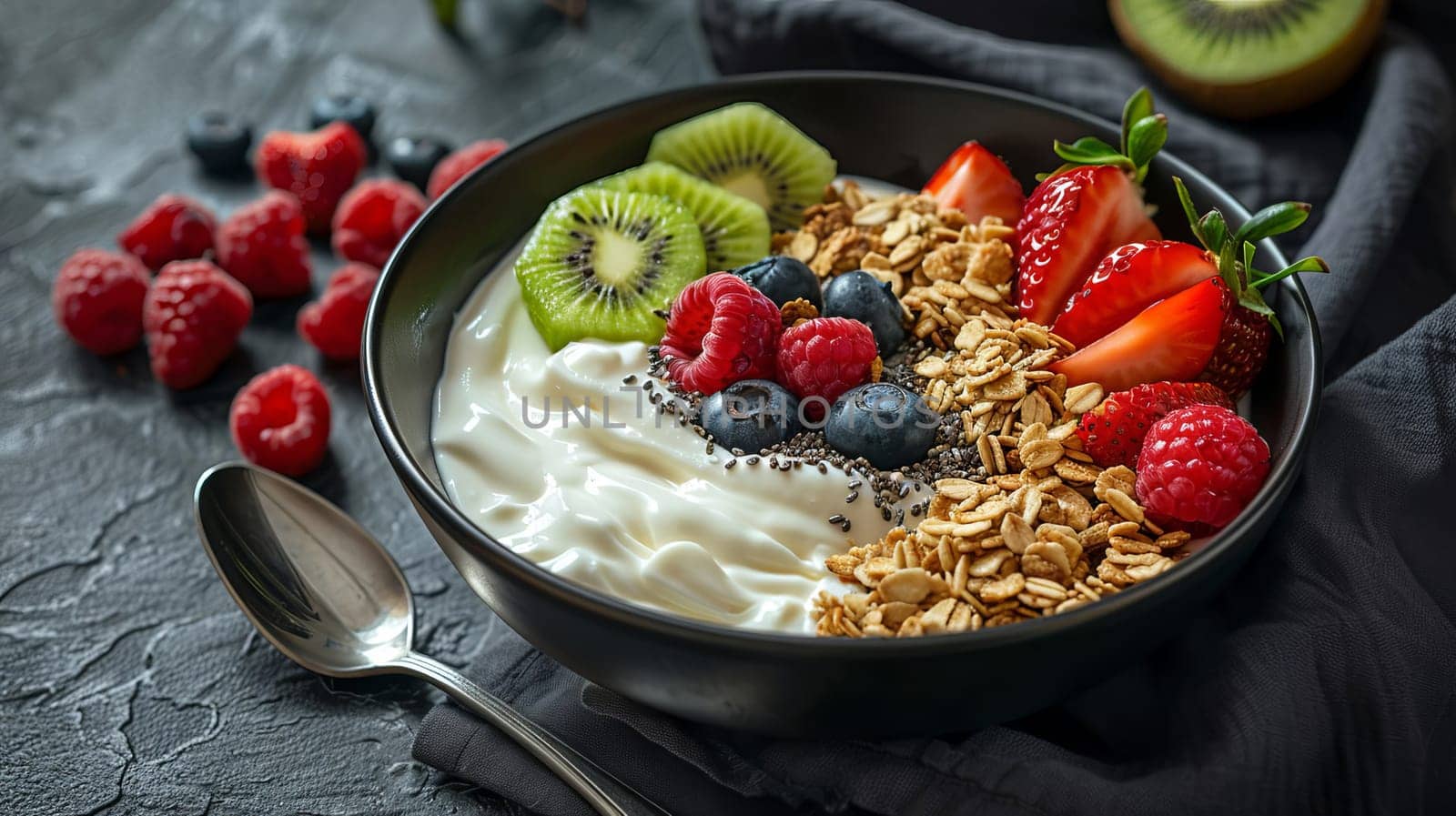 Black ceramic bowl with Greek yogurt, granola, chia seeds and fresh fruits and berries on a dark gray background. AI generated.