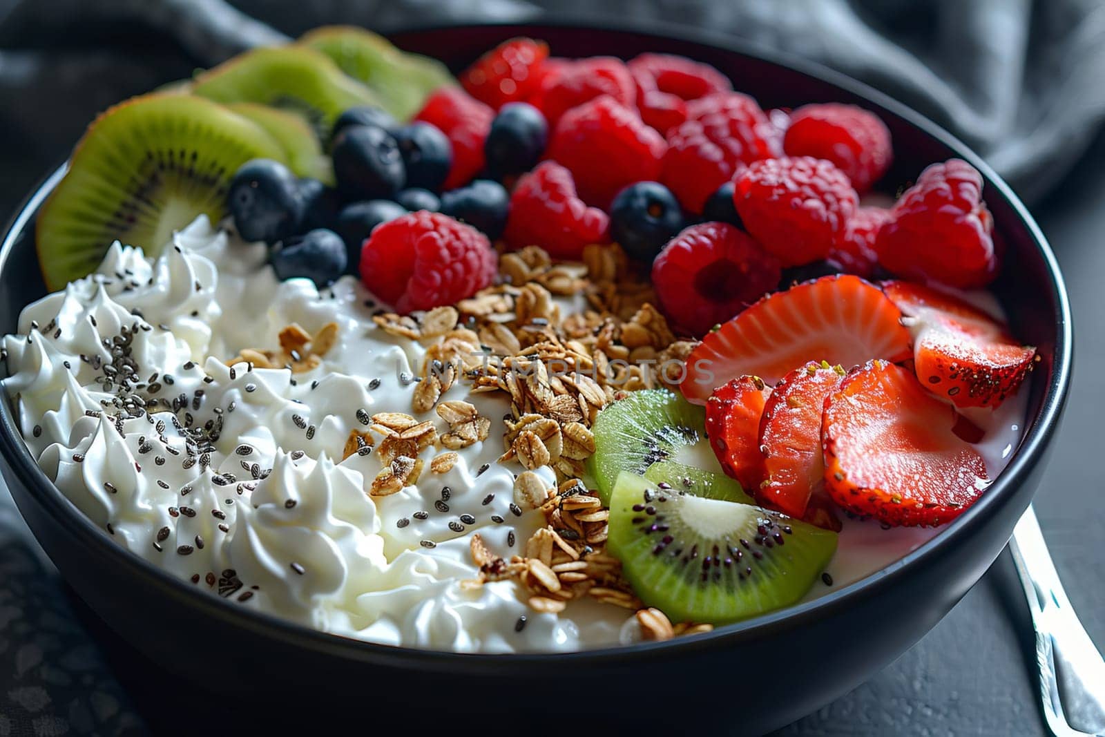 Bowl with Greek yogurt, granola, chia seeds and fresh fruits and berries. by OlgaGubskaya