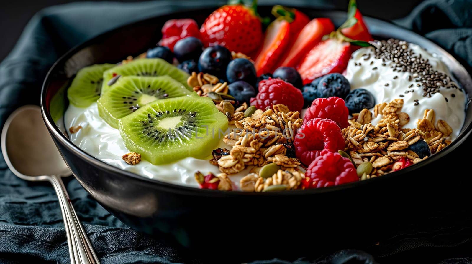 Bowl with Greek yogurt, granola, chia seeds and fresh fruits and berries. by OlgaGubskaya