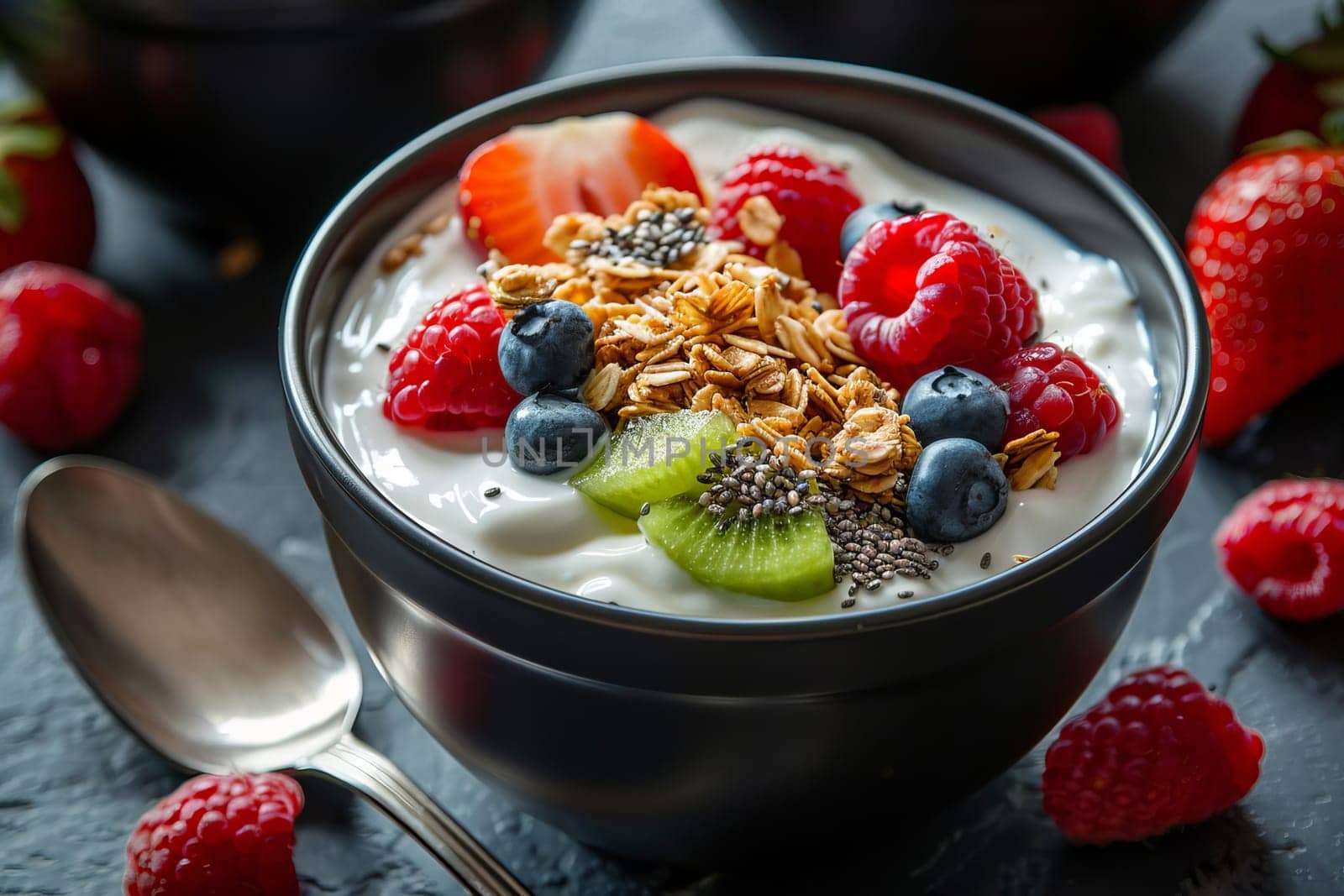 Black ceramic bowl with Greek yogurt, granola, chia seeds and fresh fruits and berries on a dark gray background. AI generated.