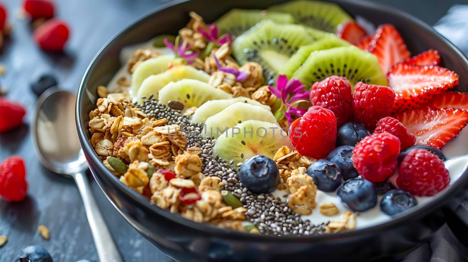 Bowl with Greek yogurt, granola, chia seeds and fresh fruits and berries. by OlgaGubskaya