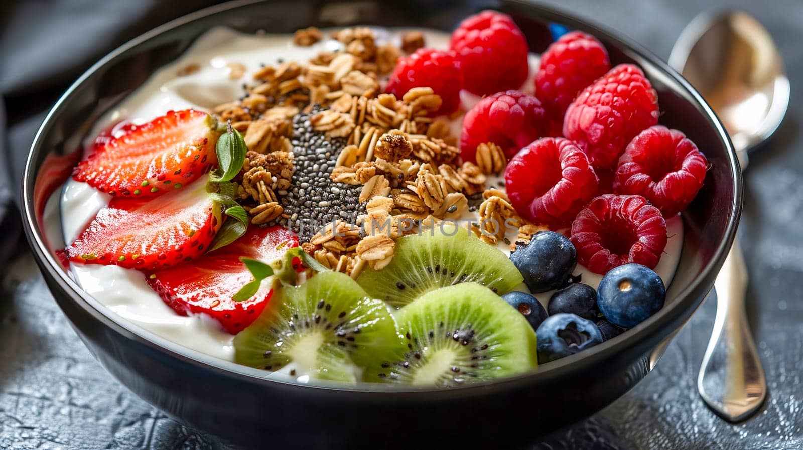 Bowl with Greek yogurt, granola, chia seeds and fresh fruits and berries. by OlgaGubskaya