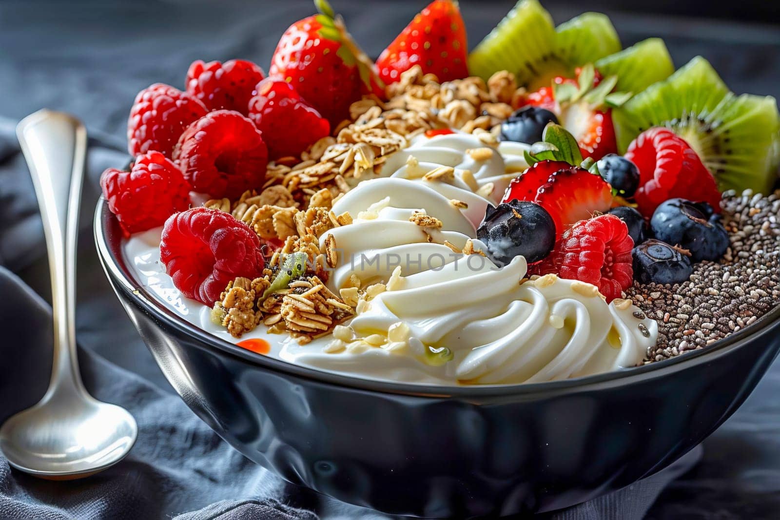 Black ceramic bowl with Greek yogurt, granola, chia seeds and fresh fruits and berries on a dark gray background. AI generated.