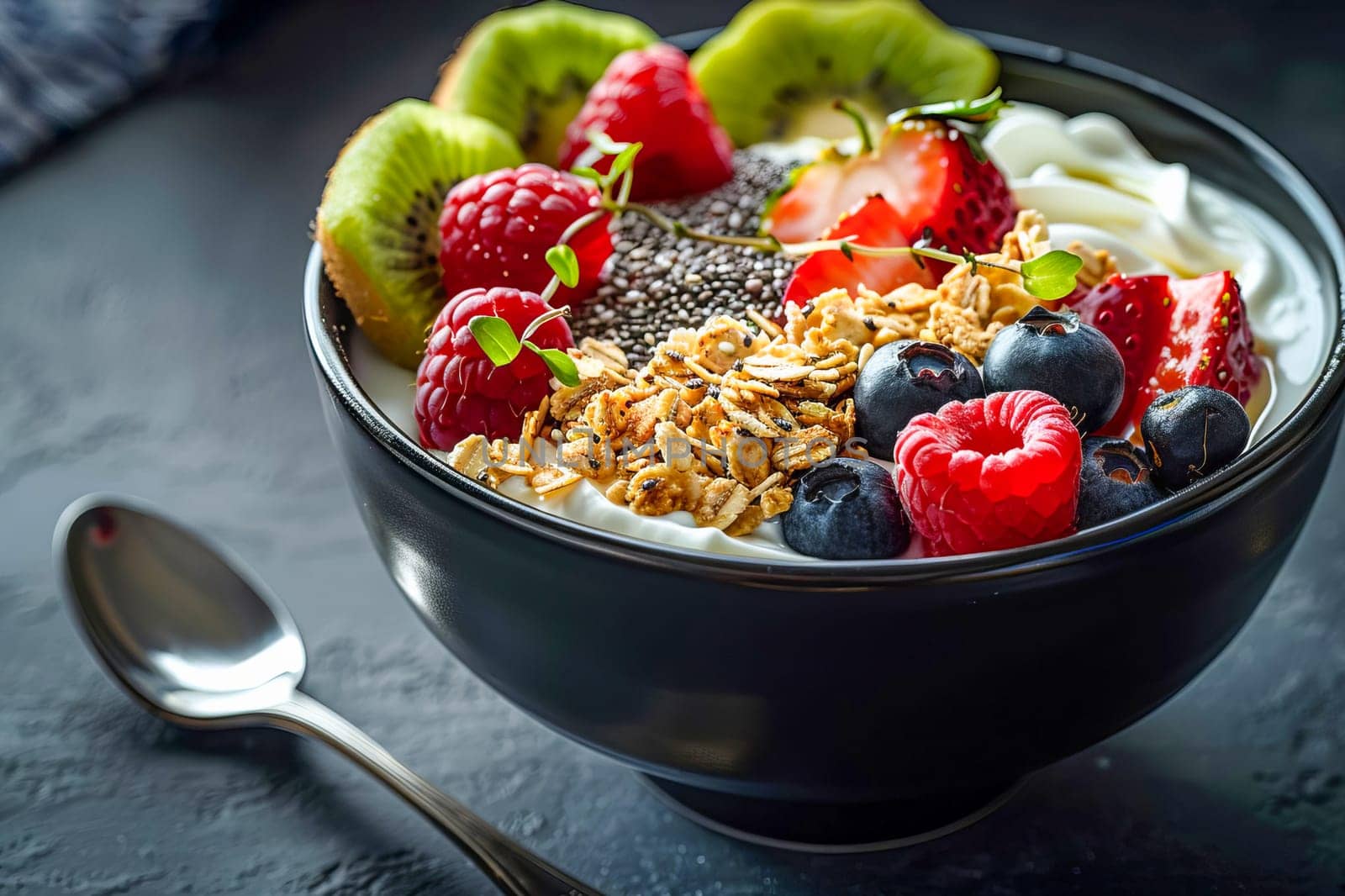 Bowl with Greek yogurt, granola, chia seeds and fresh fruits and berries. by OlgaGubskaya