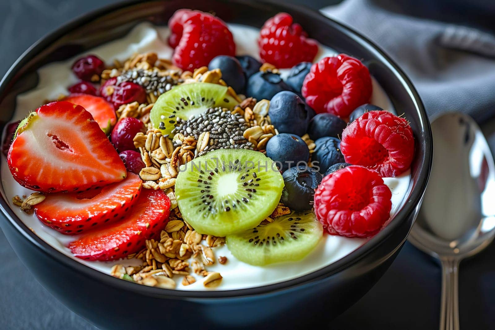 Black ceramic bowl with Greek yogurt, granola, chia seeds and fresh fruits and berries on a dark gray background. AI generated.