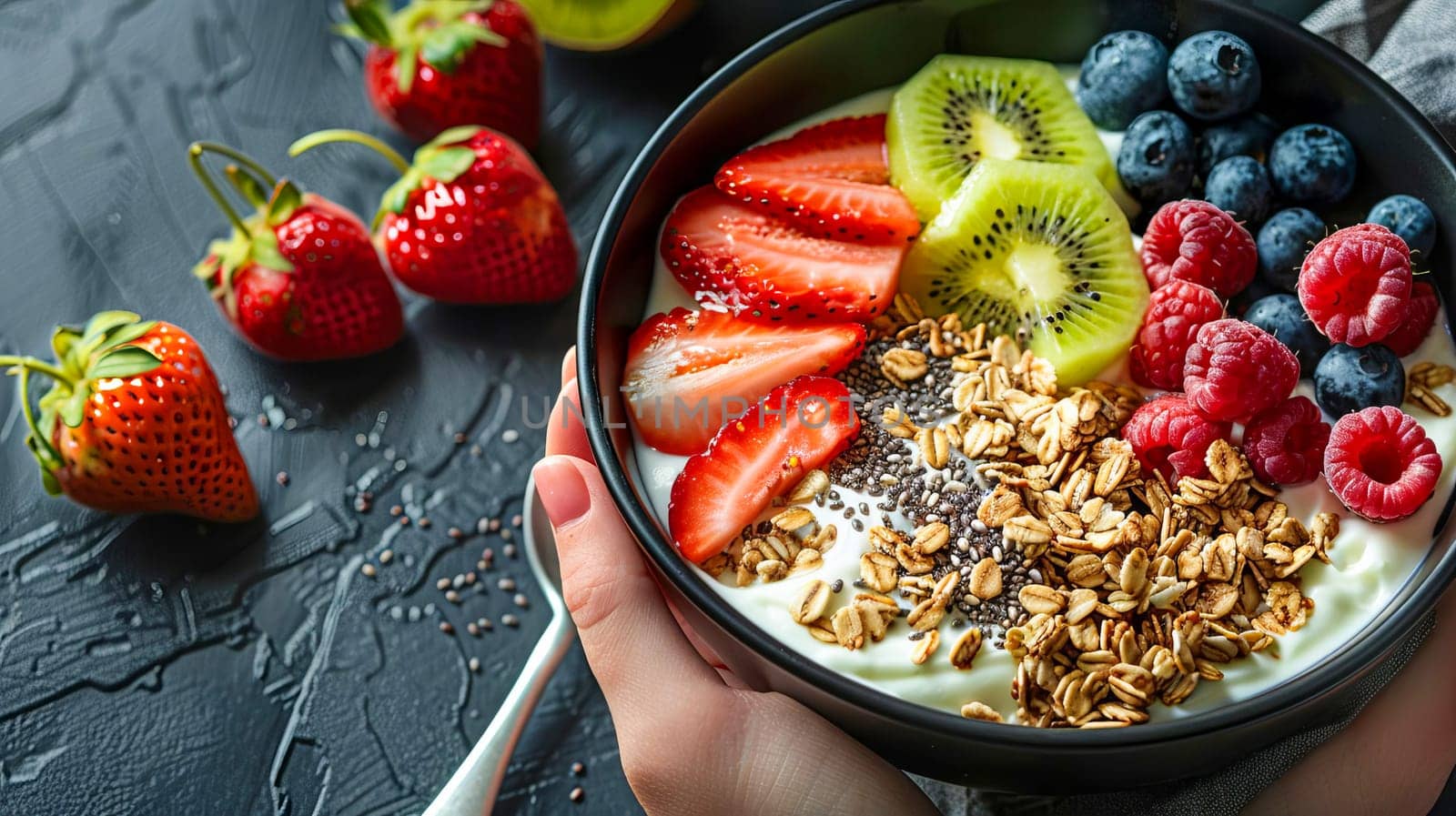 Black ceramic bowl with Greek yogurt, granola, chia seeds and fresh fruits and berries on a dark gray background. AI generated.