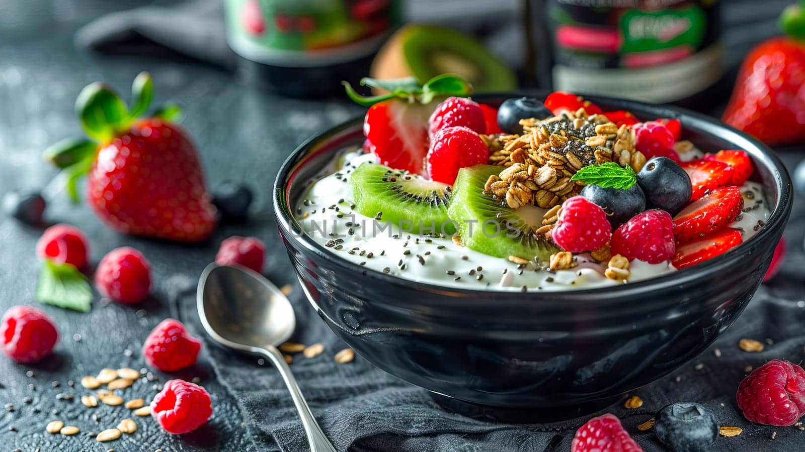 Black ceramic bowl with Greek yogurt, granola, chia seeds and fresh fruits and berries on a dark gray background. AI generated.