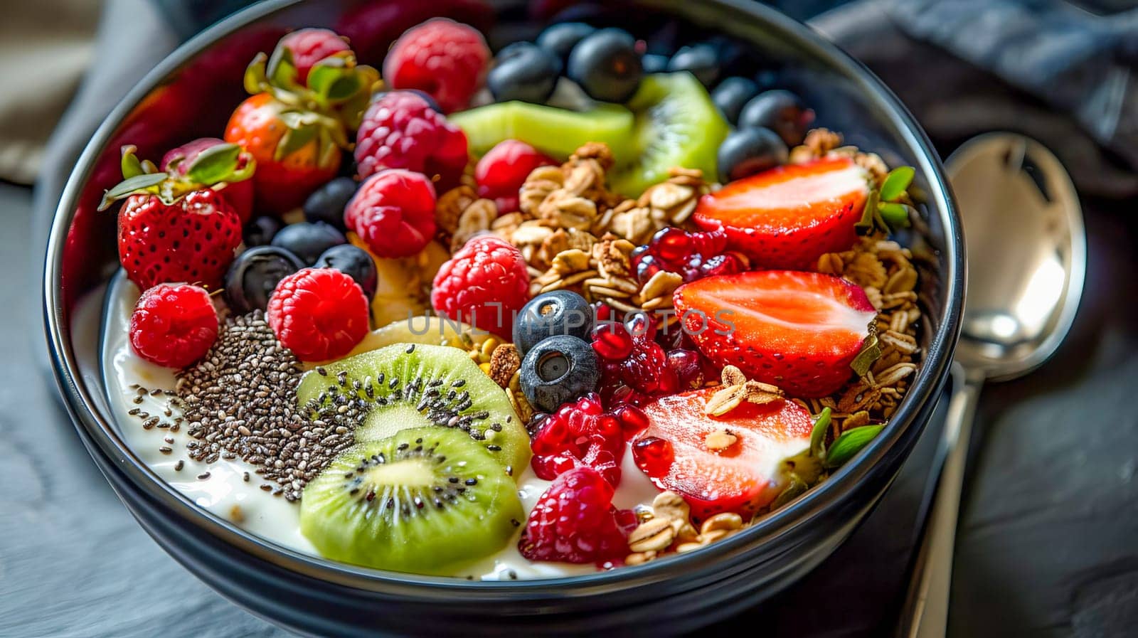 Black ceramic bowl with Greek yogurt, granola, chia seeds and fresh fruits and berries on a dark gray background. AI generated.