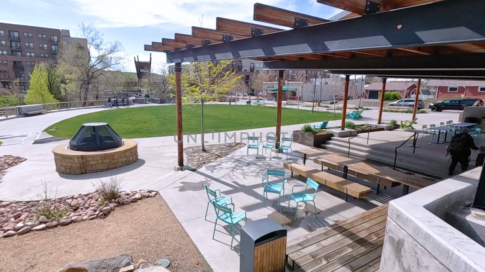 Beautiful Urban Park in Downtown Castle Rock, Colorado with Modern Seating and Green Space by arinahabich