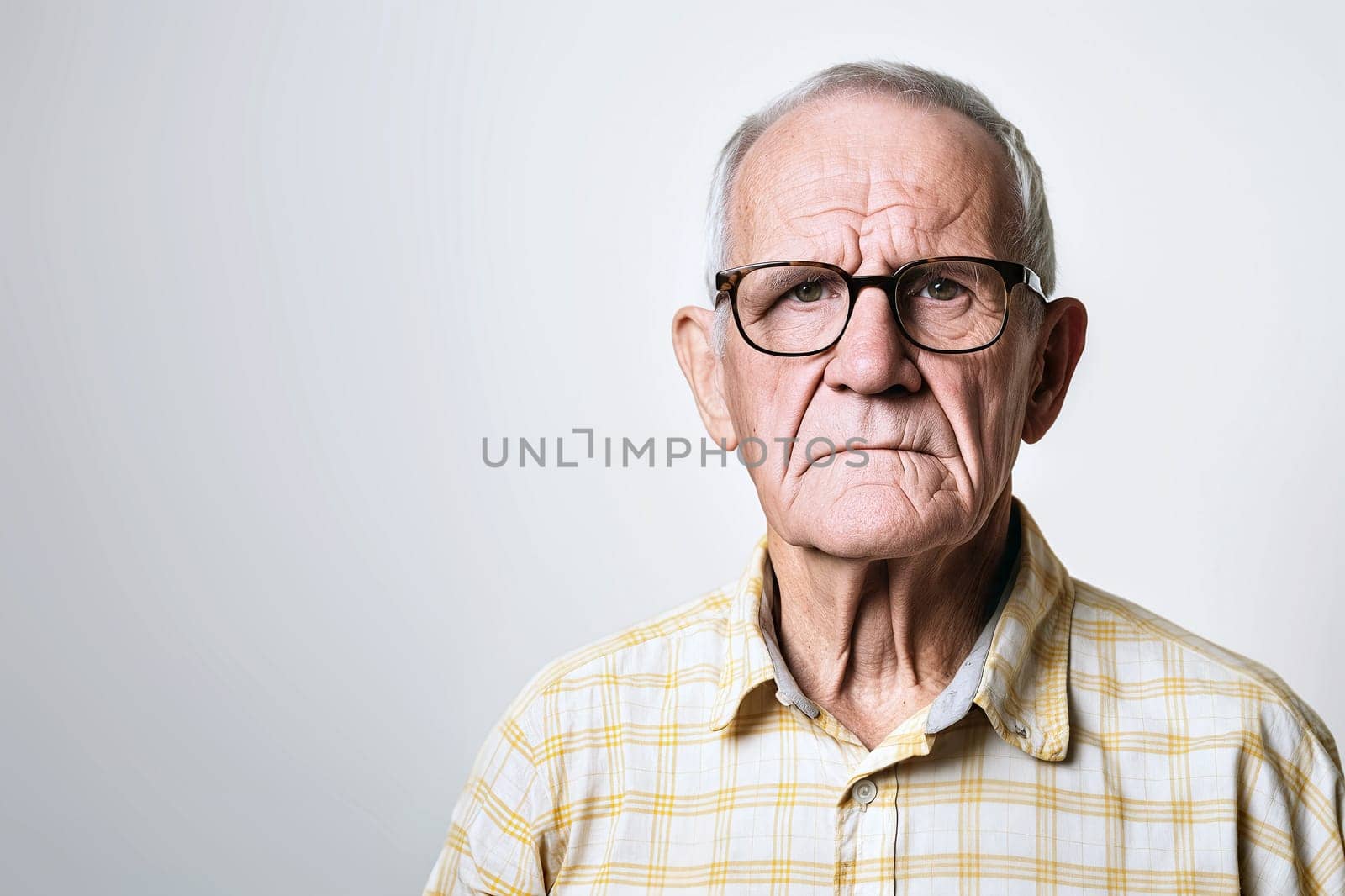 An elderly man wearing glasses and a yellow checkered shirt looks directly at the camera against a neutral background. He has a serious expression and short white hair - Generative AI