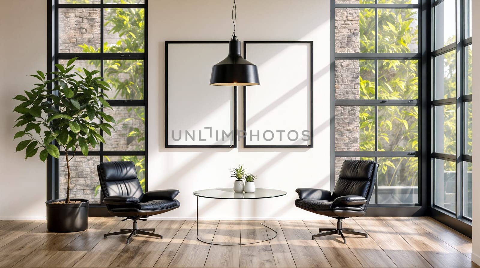 Modern Living Room With Large Windows and Black Leather Chairs by chrisroll