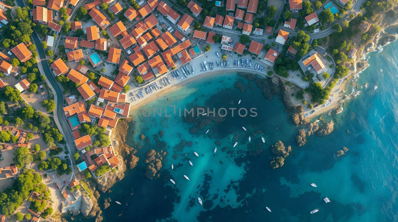 A warm glow bathes a quaint coastal village, with terracotta rooftops nestled by the sea, boats moored in the tranquil bay as dusk approaches - Generative AI