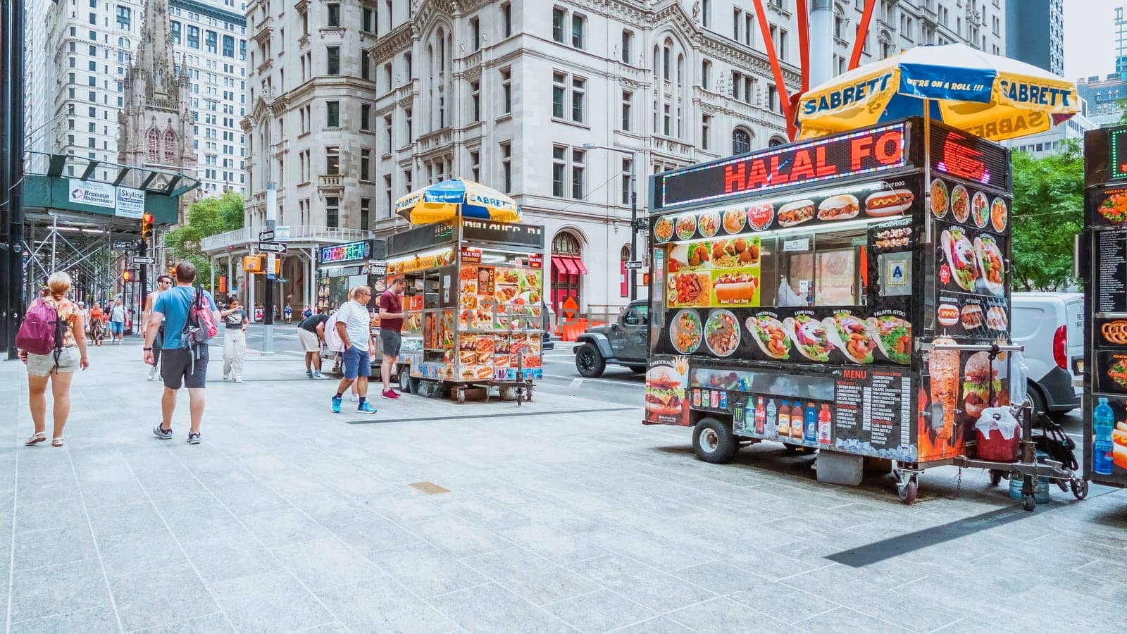 A vibrant cityscape of bustling New York streets filled with diverse vehicles, charming buildings, green trees, and a lively atmosphere, encapsulating the energetic essence of urban life.