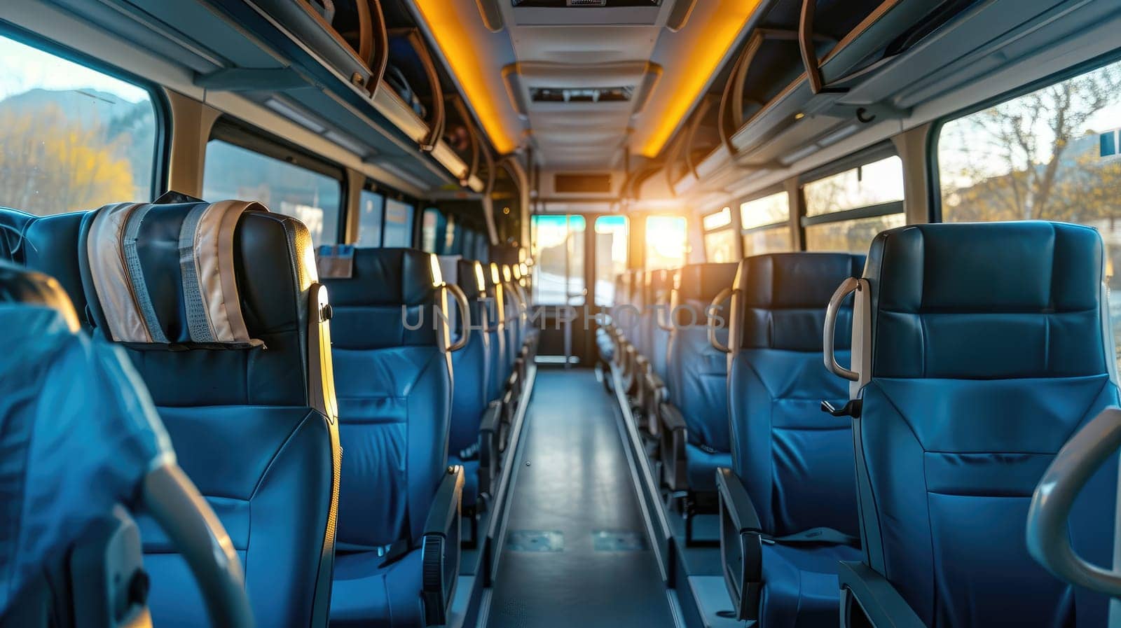 Empty seats in a clean and spacious bus interior , Bright and inviting bus interior with empty seats, Welcoming travelers.