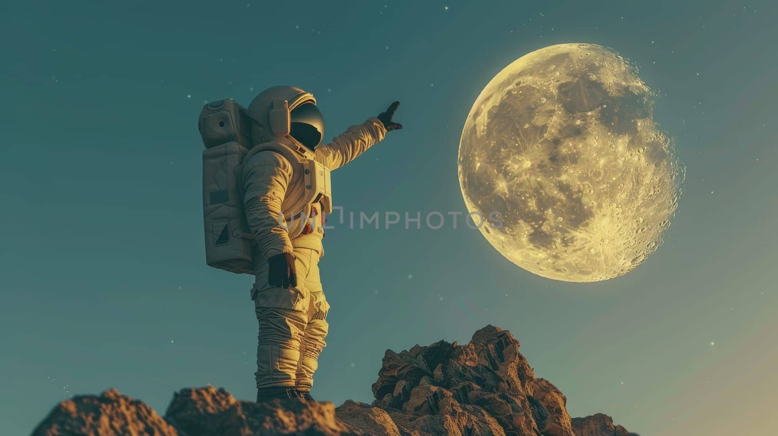 A man in a spacesuit stands on a rocky surface, Touching the moon.