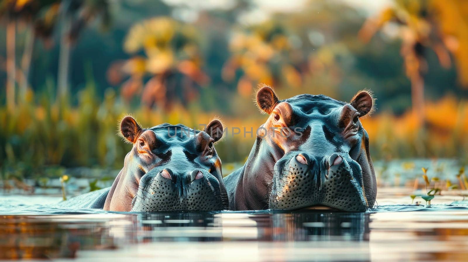 A pair of hippos partially submerged in a serene river, Hippopotamus submerged in river, Tranquil African.