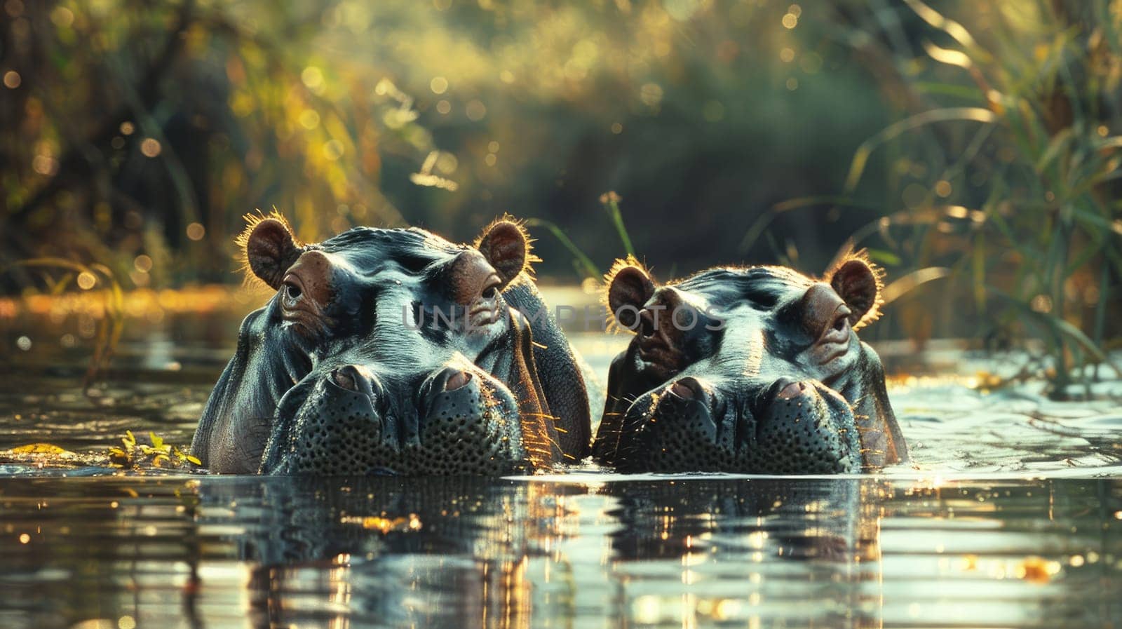 A pair of hippos partially submerged in a serene river, Hippopotamus submerged in river, Tranquil African.