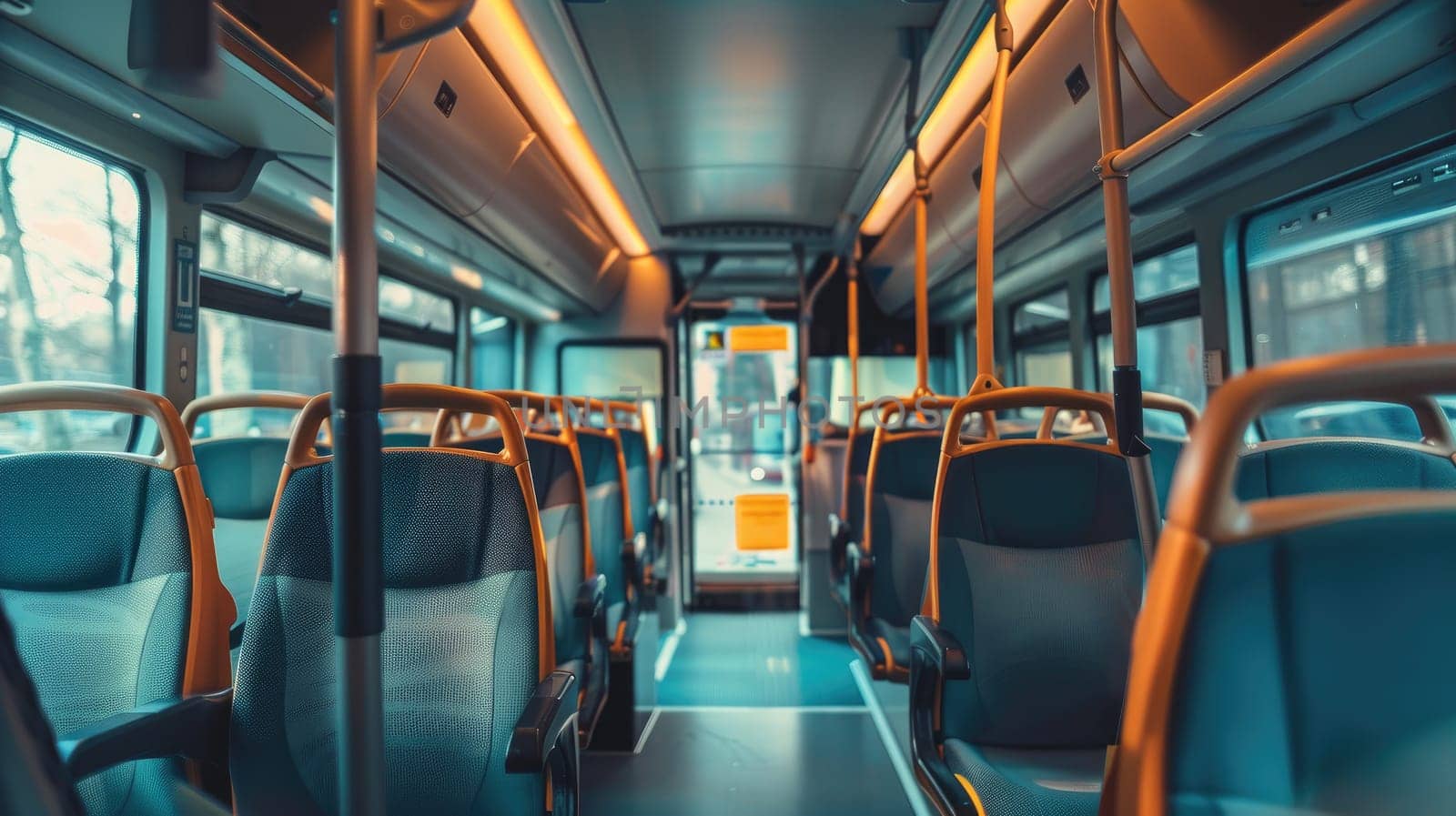 Empty seats in a clean and spacious bus interior , Bright and inviting bus interior with empty seats, Welcoming travelers.