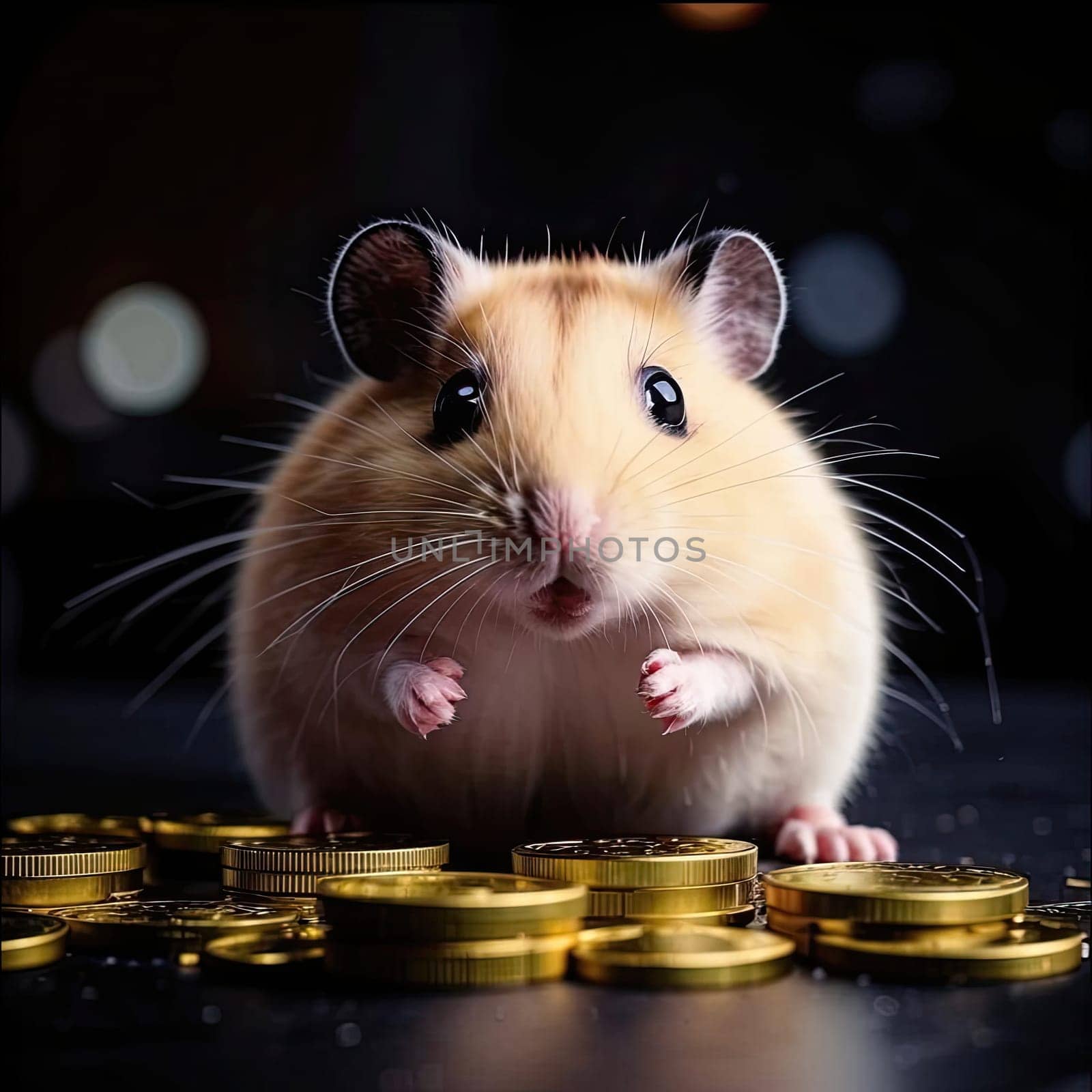 Photo of a cute hamster with coins flying and lying on the floor on a black background. An exciting game for money. Click on the furry animal and win.