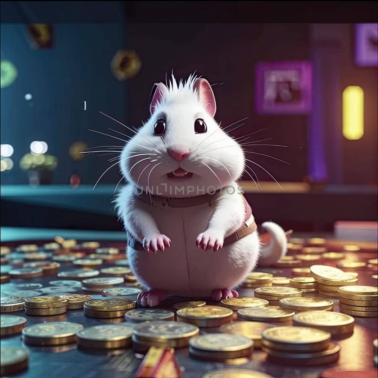 Photo of a cute hamster with coins flying and lying on the floor on a black background. An exciting game for money. Click on the furry animal and win.