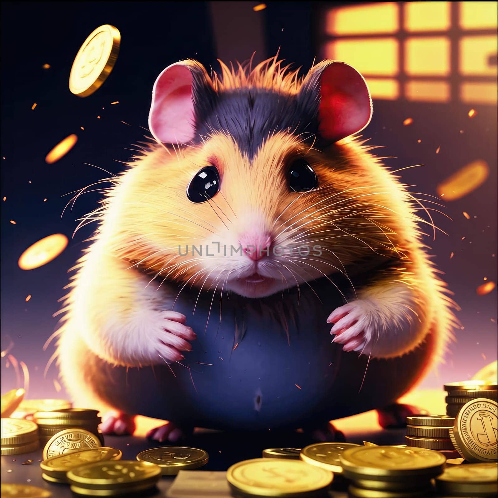 Photo of a cute hamster with coins flying and lying on the floor on a black background. An exciting game for money. Click on the furry animal and win.