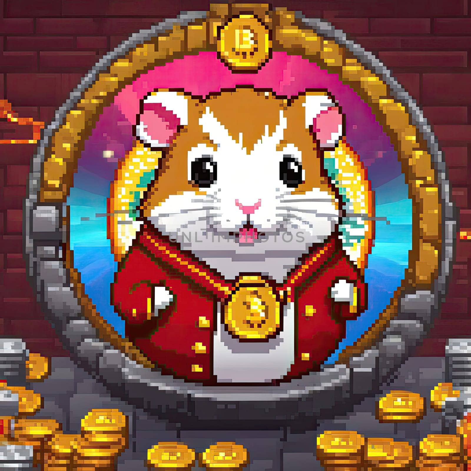 pixel art Illustration of a cute hamster with coins flying and lying on the floor on a black background. An exciting game for money. Click on the furry animal and win.