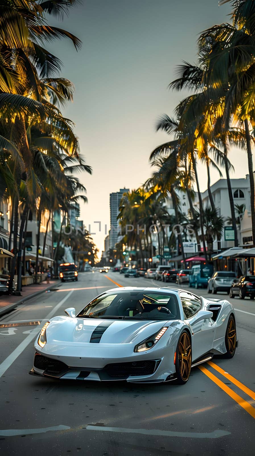 A white sports car speeds down a city street lined with palm trees by Nadtochiy