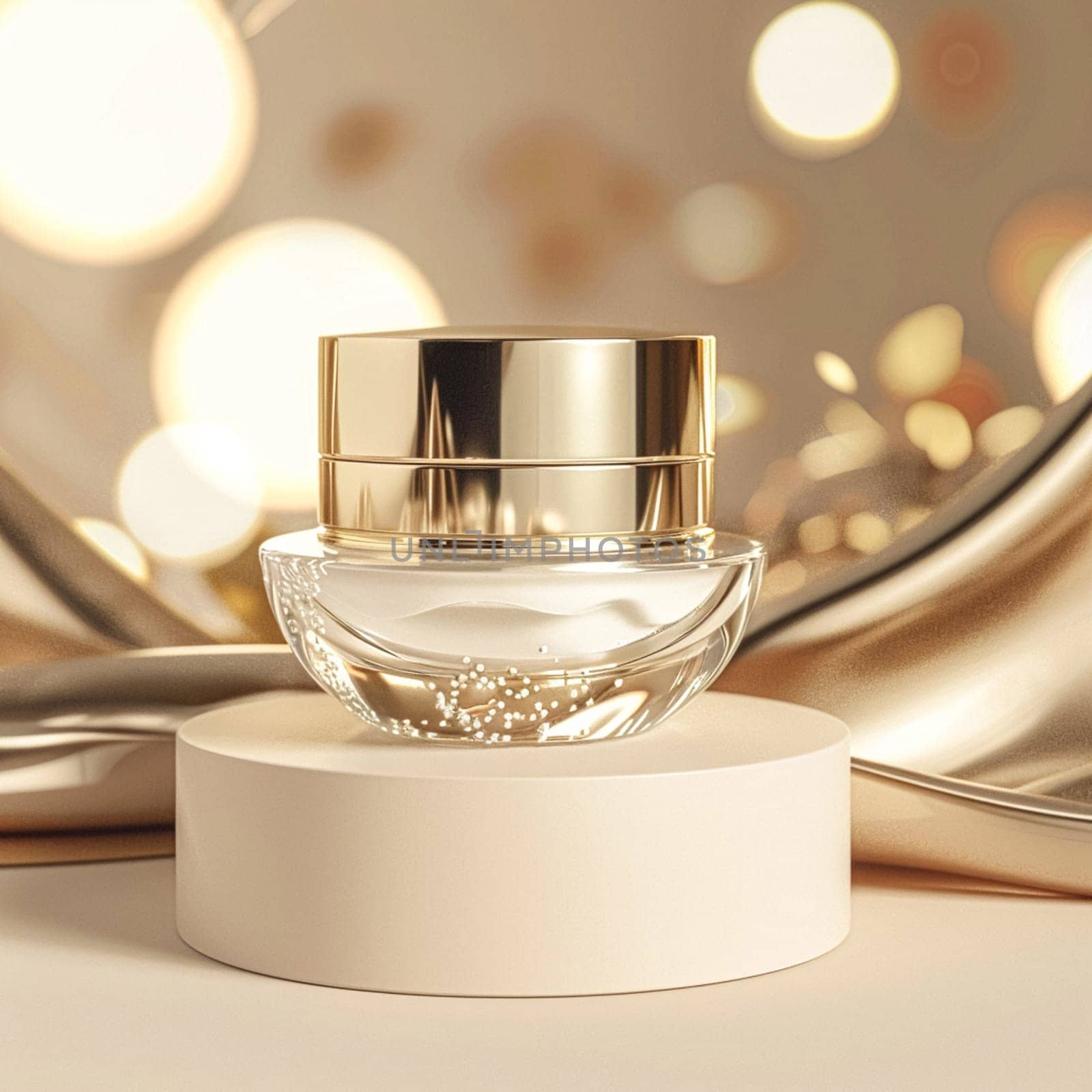 Face cream in a glass jar on a white and gold background. Skin care concept. Backdrop for beauty cosmetic products