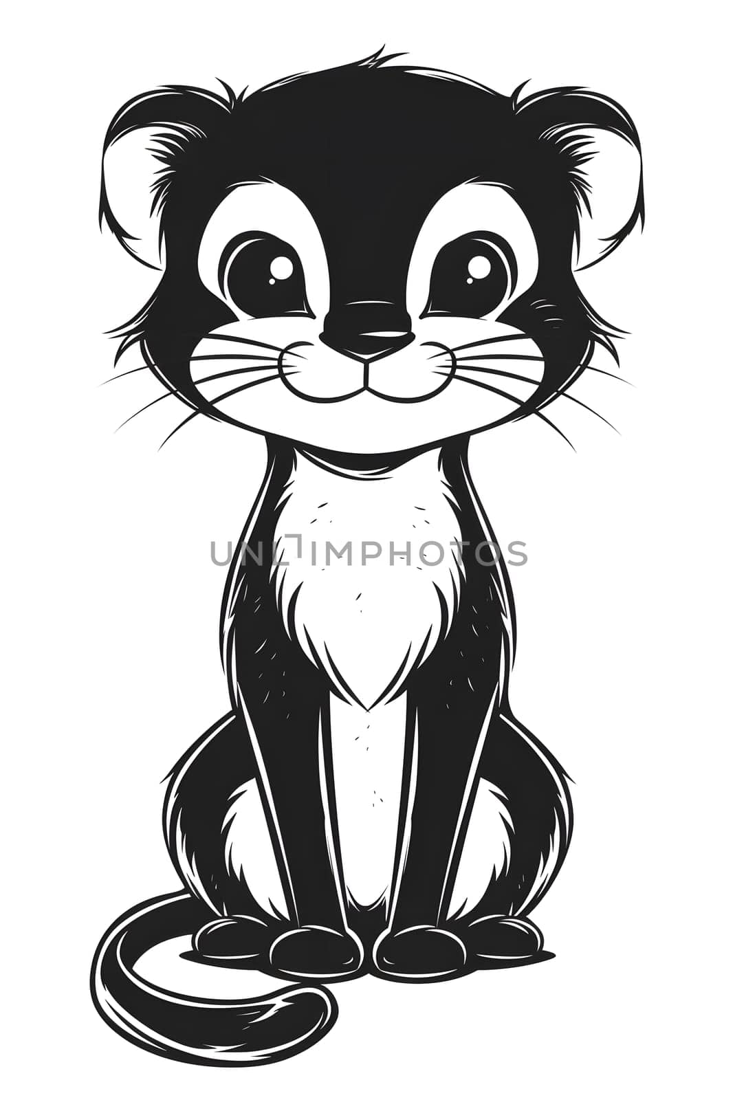 Cartoon art of cat with whiskers, sitting down, white background by Nadtochiy