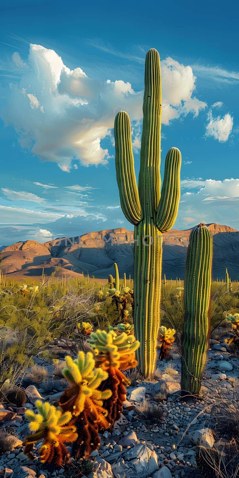 Saguaro cactus thrives in desert landscape with mountains in background by Nadtochiy