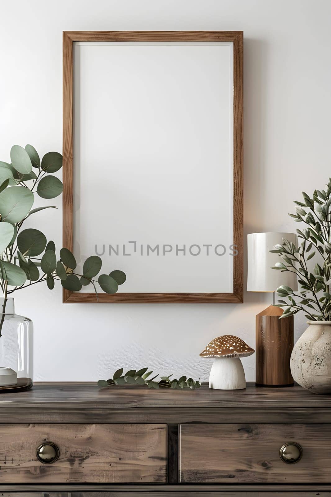 A rectangular picture frame hangs above a wooden dresser in a room with hardwood cabinetry and shelving. A flowerpot adds a touch of nature to the interior design